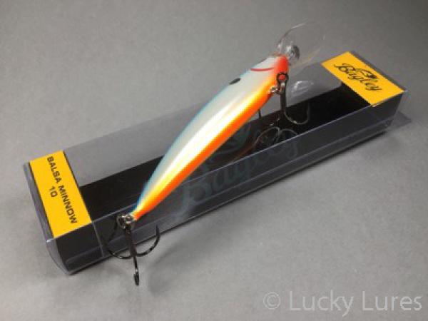 BALSA MINNOW Wobbler, schwimmend, Farbe: BSO Blue-White-Orange, Größe 10 ( 9,5 cm), Gewicht: 18 Gramm,  von Bagley Bait